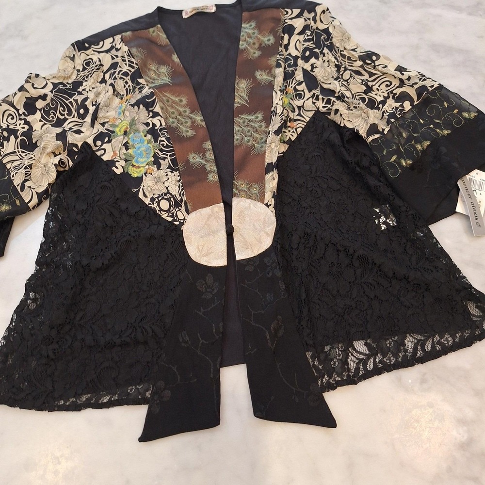 New Vtg‎ Spencer Alexis Jacket Lg Black Peacock Floral Lace Art Boho Kimono Wrap